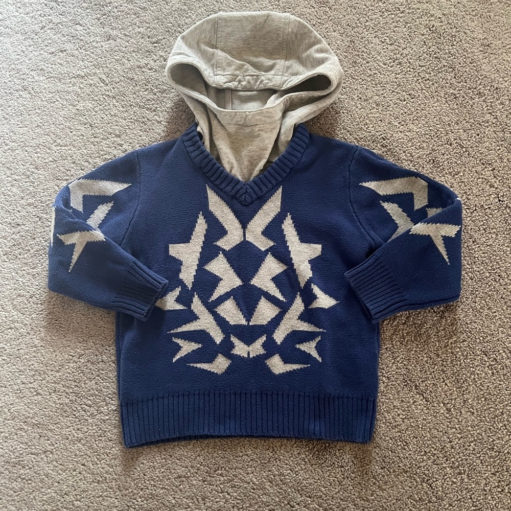 Boys toddles sweater hoodie blue gray Removable hood size 3t 110/65 long sleeve